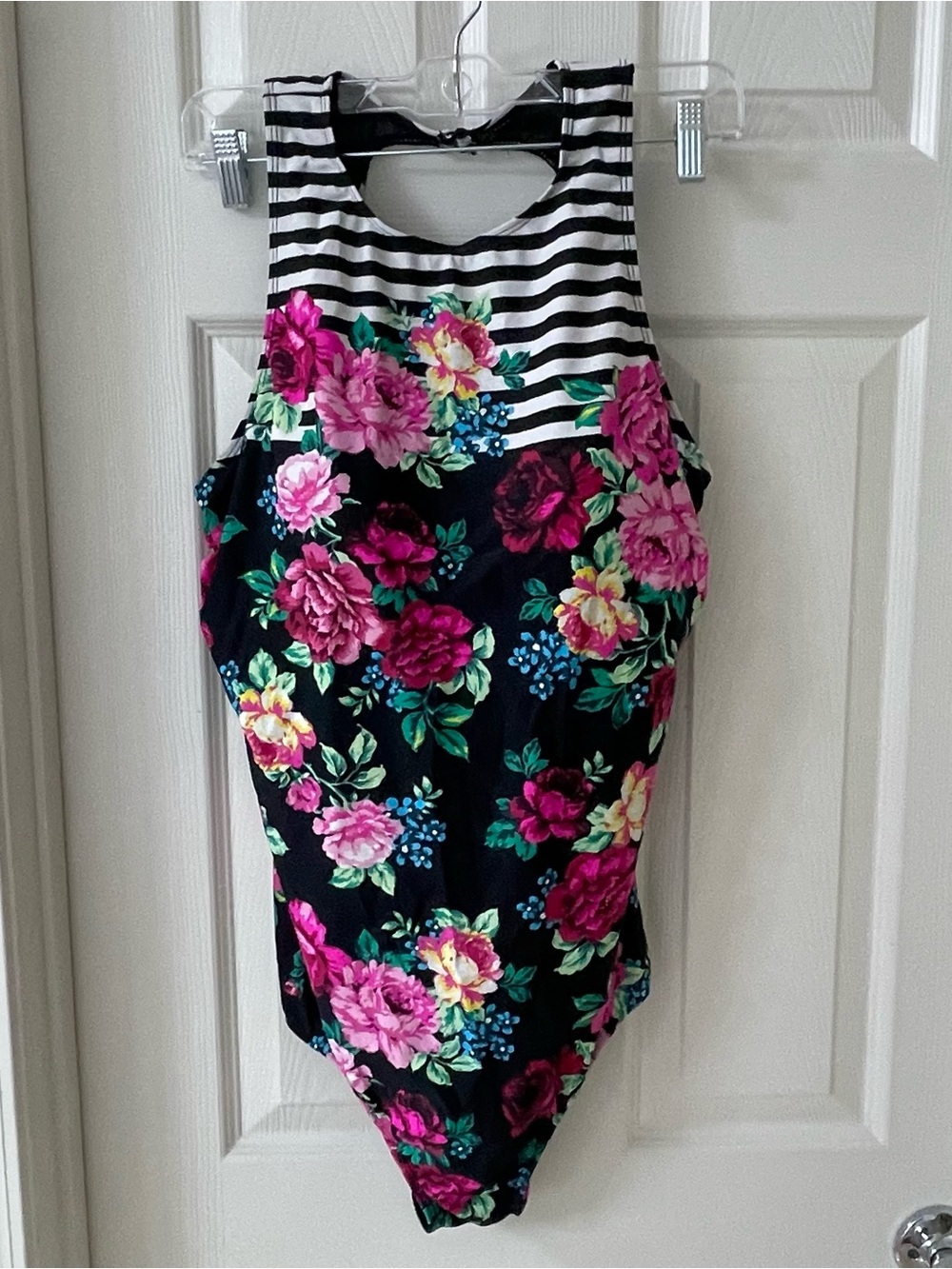 torrid Black and White Striped Floral-Accent Swimsuit 2X